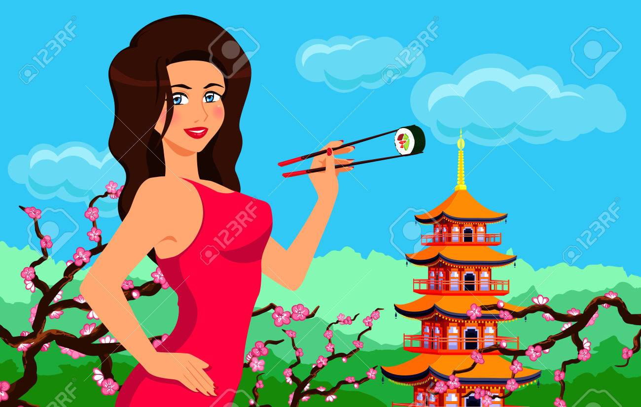 エレガントな女性を保持し 箸巻き寿司を食べる 日本の伝統的な食べ物 ベクトル漫画背景塔と桜です のイラスト素材 ベクタ Image