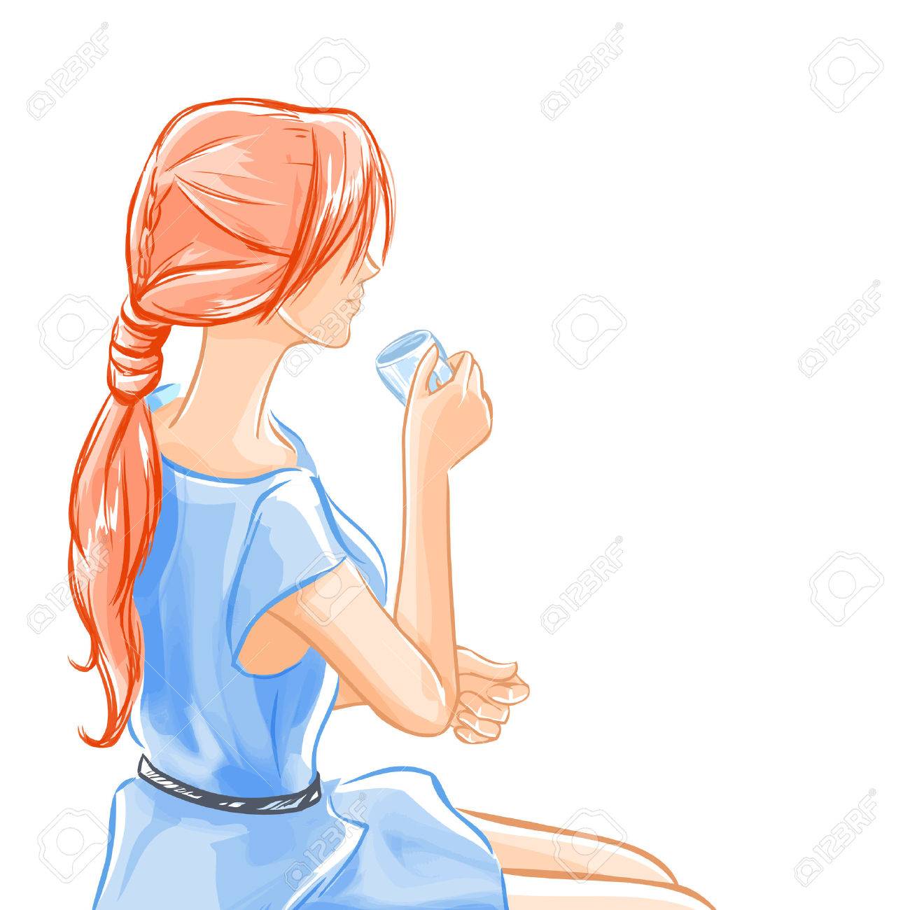 ブルーのドレスでエレガントな美しい女性は座っているし 飲料のお茶やコーヒーを飲みます 女の子が少し笑っています 水の色初期のトレース ベクターの手描き のイラスト素材 ベクタ Image