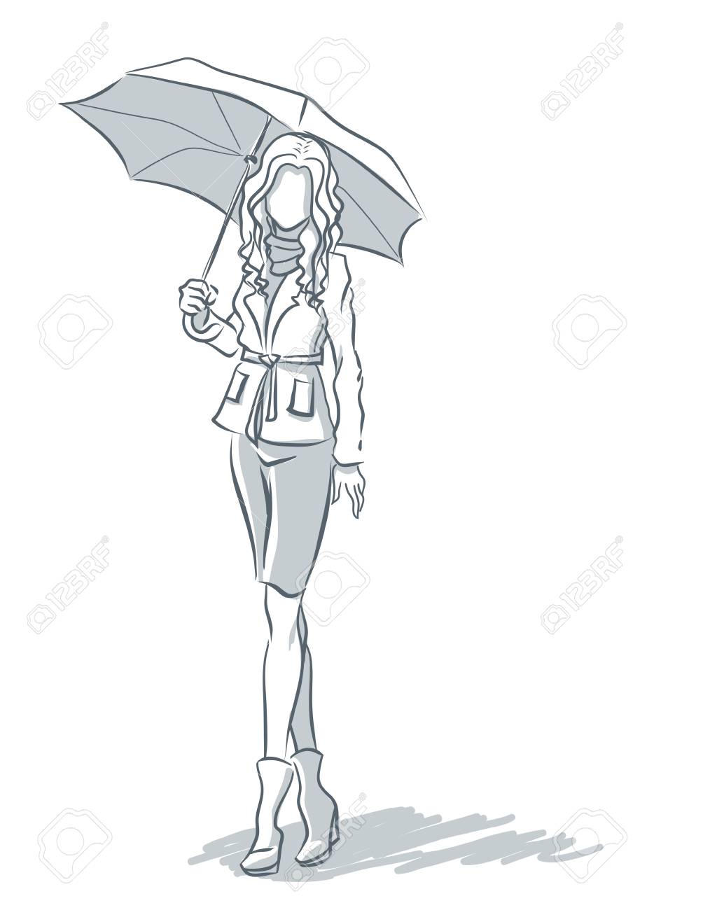 Sketch With Standing Girl Under Umbrella In Autumn Clothes