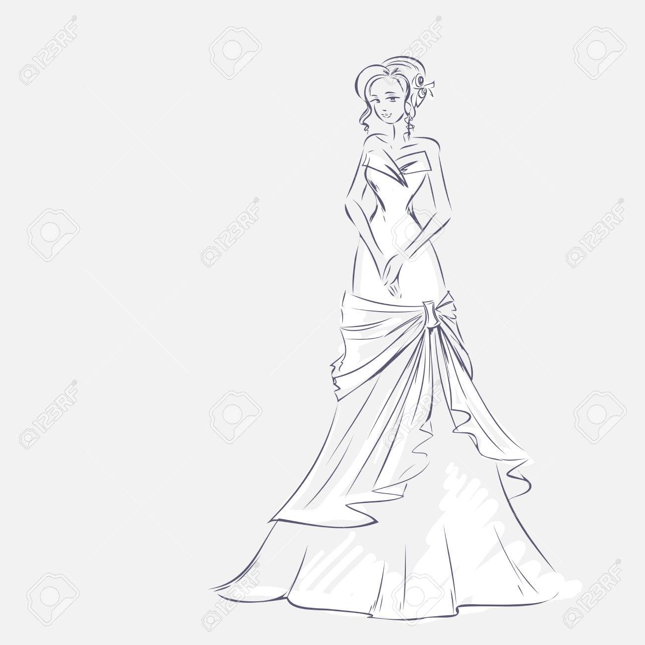 Art Sketch Of Elegant Young Bride With The Brides Bouquet Standing