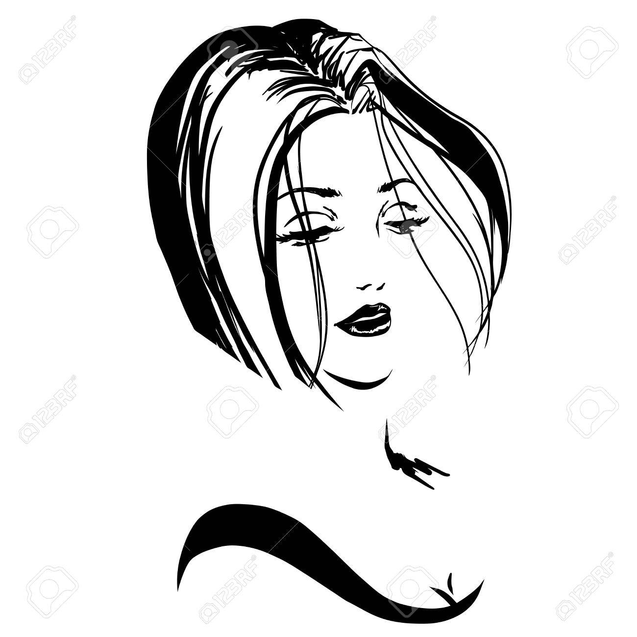 Cabeza De La Mujer Atractiva Perfecto Con Corte De Pelo Corto Emblema Para El Salon De Peluqueria Imagen En Blanco Y Negro Bosquejo Ilustraciones Vectoriales Clip Art Vectorizado Libre De Derechos Image