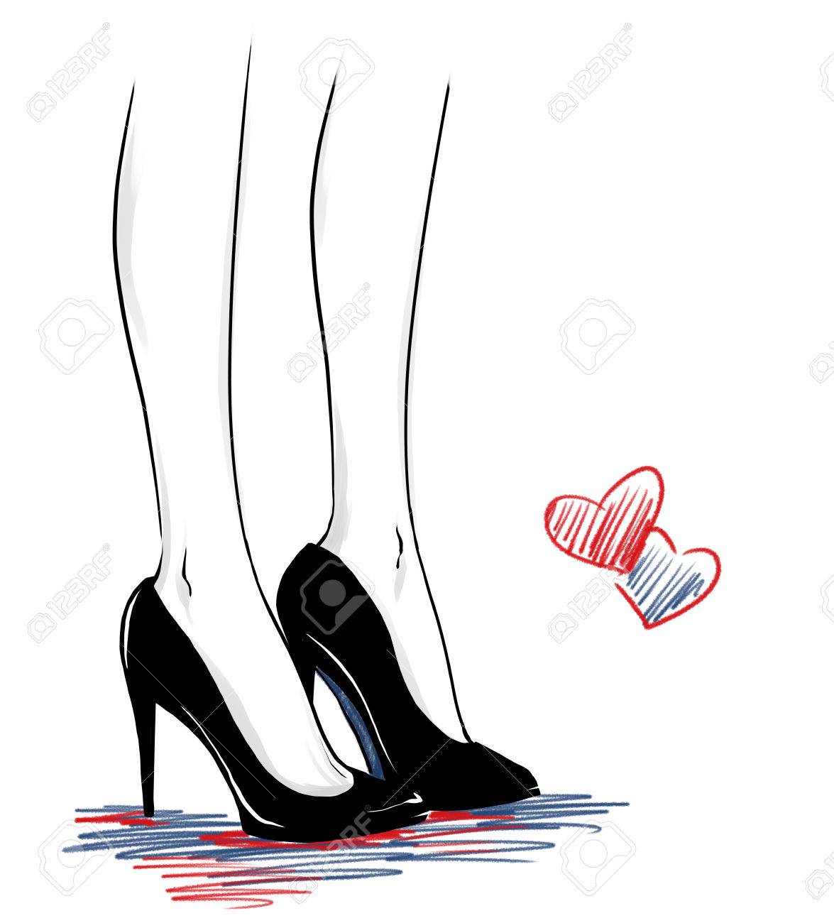 かかとの高い観客を着てエレガントな美しい女性の足 クローズ アップ現代裁判所の靴の画像 ファッションイラスト フリーハンドの線で描画 の写真素材 画像素材 Image