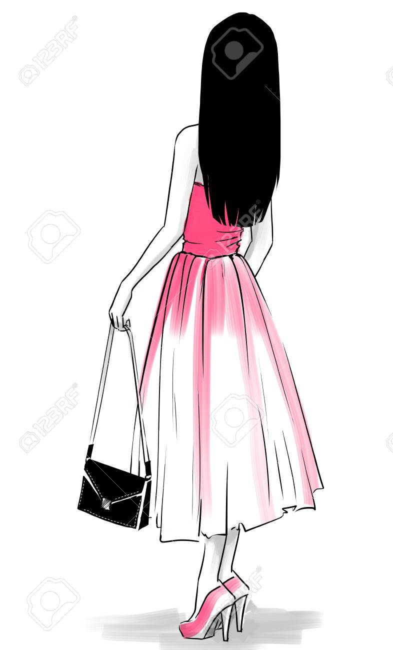 Elegant Woman In Evening Dress With A Clutch Standing Back Freehand