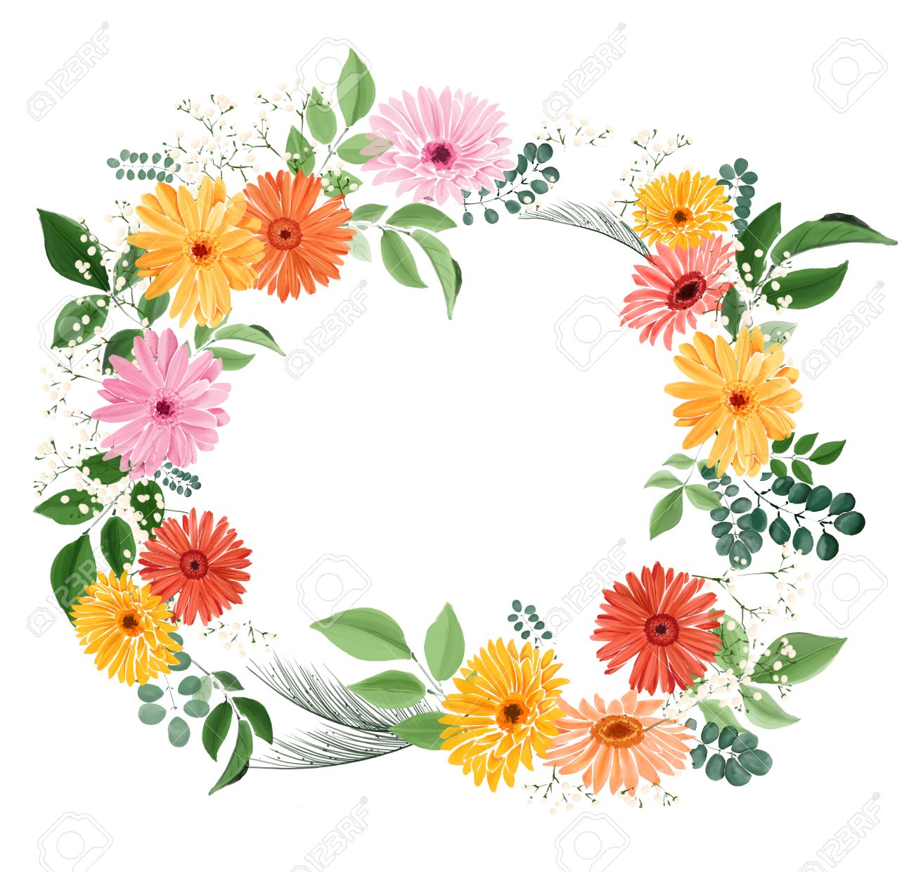 watercolour floral bouquet isolated objects flowers and leaves