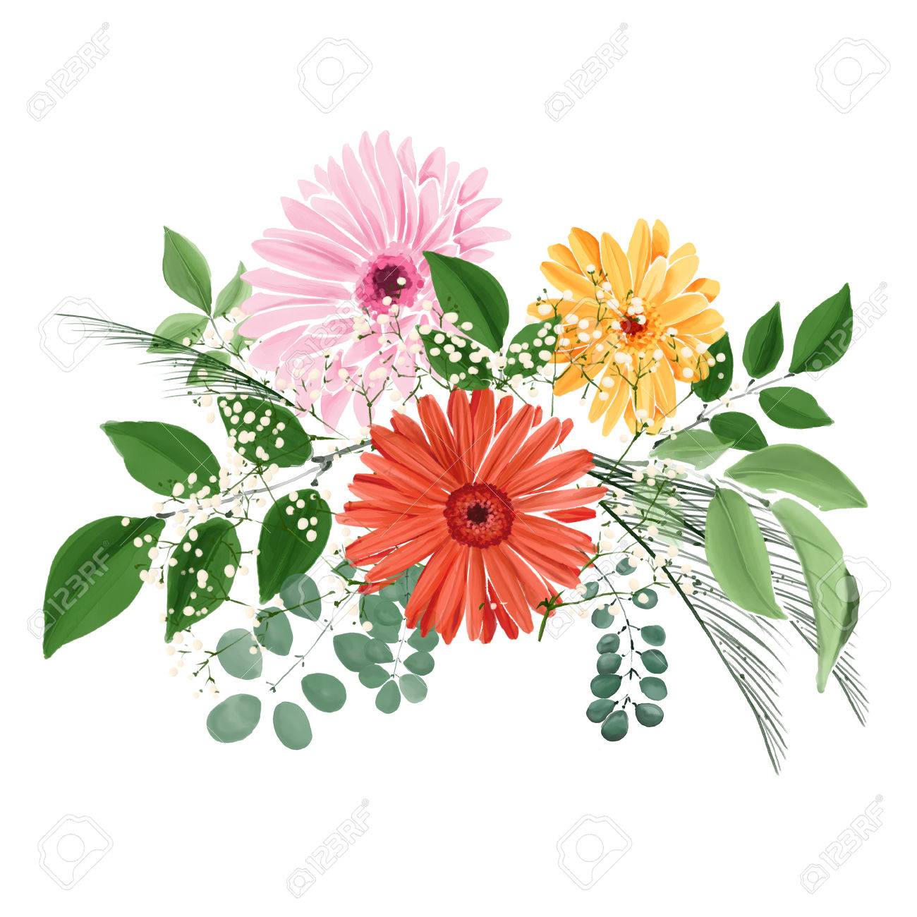 水彩花の花束 白い背景上のオブジェクト 花と葉 を分離しました ガーベラ カスミソウと葉 の写真素材 画像素材 Image