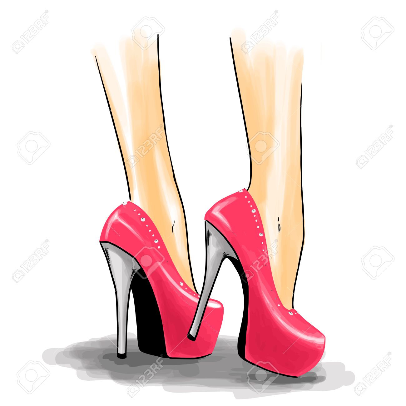 Un Par De Elegantes Zapatos De Mujer. De Tacón En Tacones Altos. Ilustración Dibujo De La Mano Con Las Líneas De Contorno Negro. Ejemplo De La Moda, Vector Ilustraciones Svg, Vectoriales,