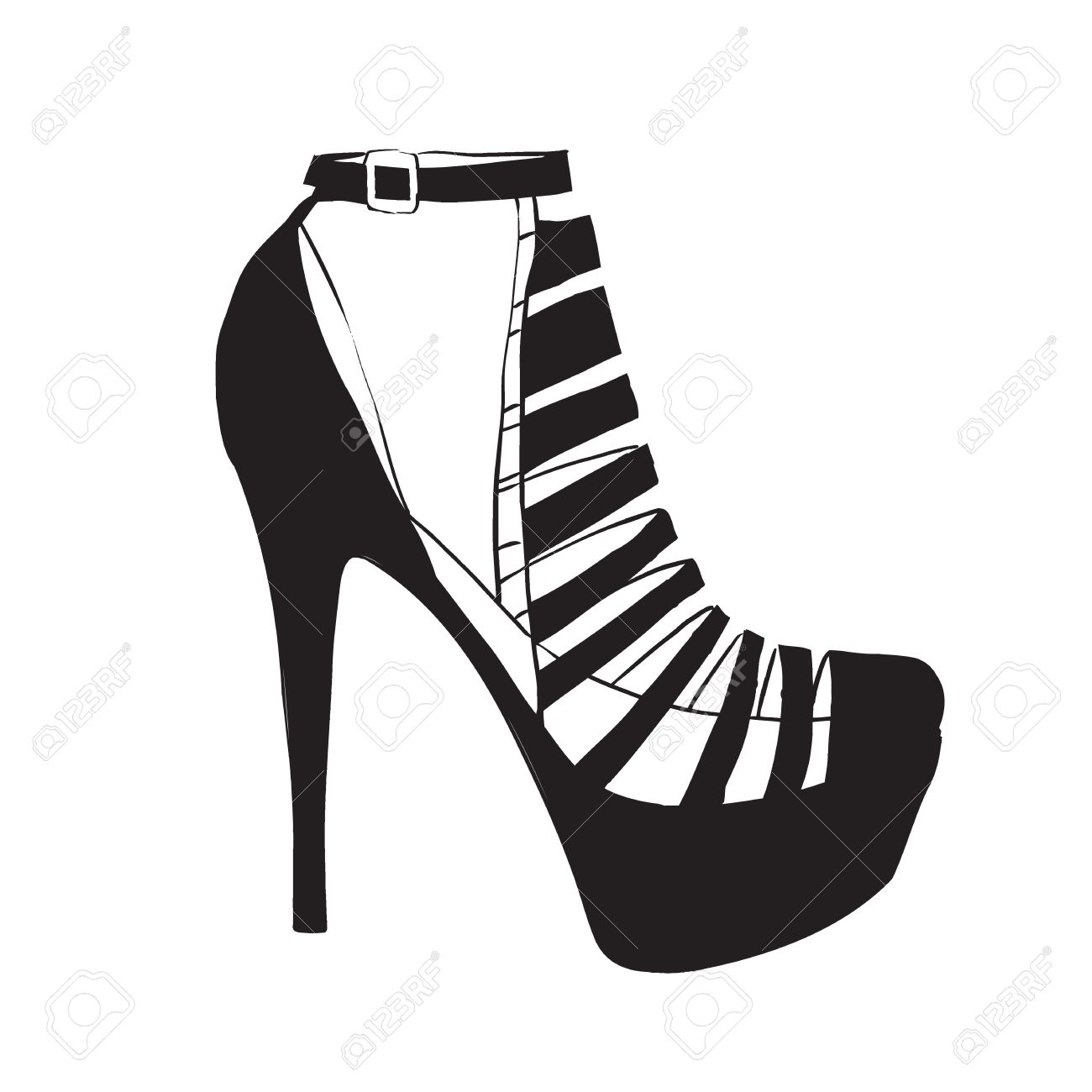 Un Par De Elegantes Zapatos De Mujer. Zapatos De Tacón En Tacones Altos. Ilustración Dibujo De Mano Líneas De Contorno Negro. Moda Ilustración Vectorial, Blanco Y Negro Ilustraciones Svg,