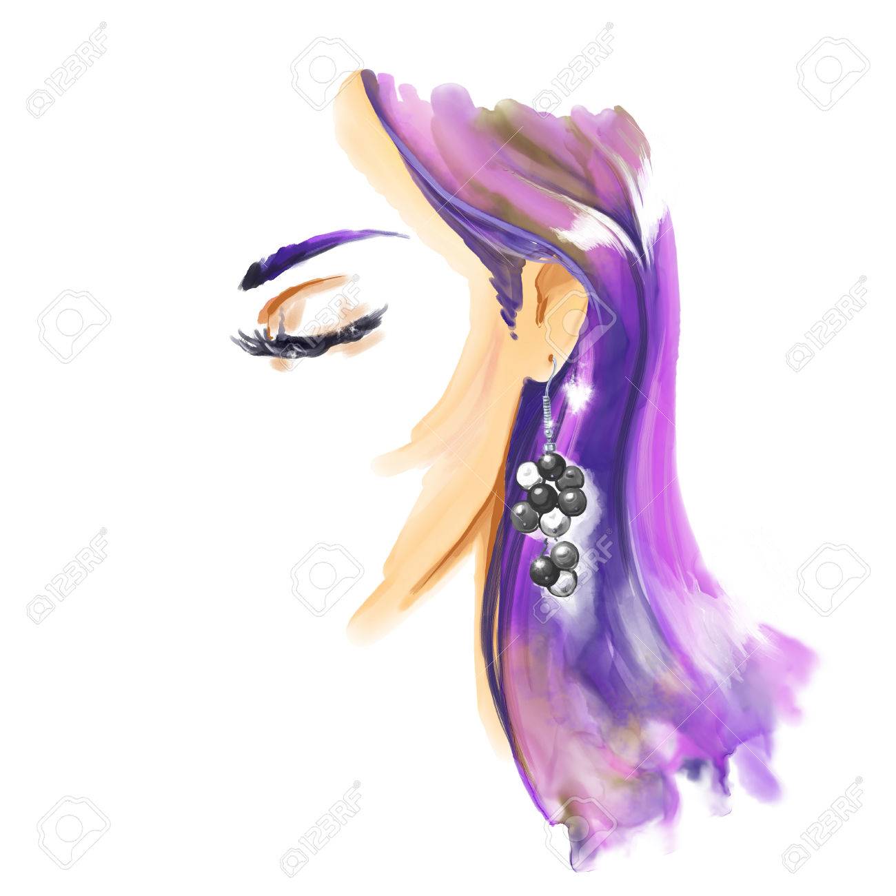 大きなイヤリングを身に着けている美しい女の子とファッションの水彩イラスト フリーハンドの水彩絵 ファッション イラスト の写真素材 画像素材 Image