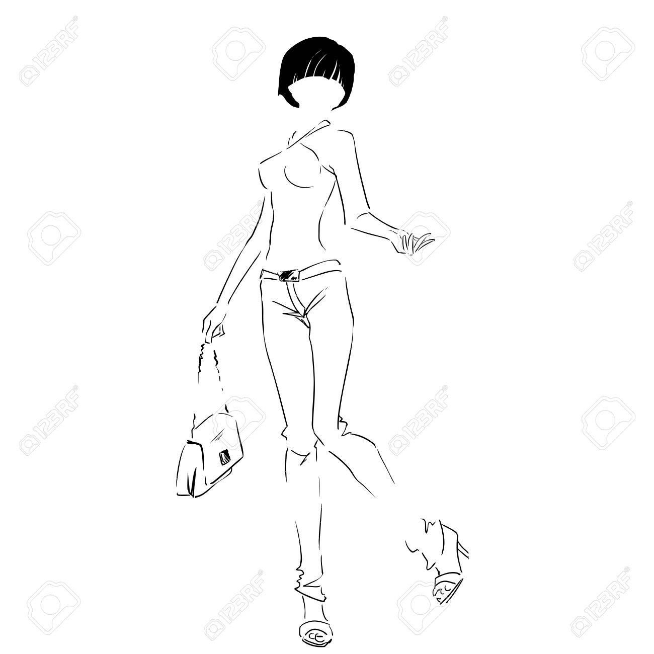 春服やジーンズの若い細い女性のシルエットのライン ファッション手描きのイラスト モノクロ スタイル 種類をスケッチします ベクター輪郭画像 のイラスト素材 ベクタ Image