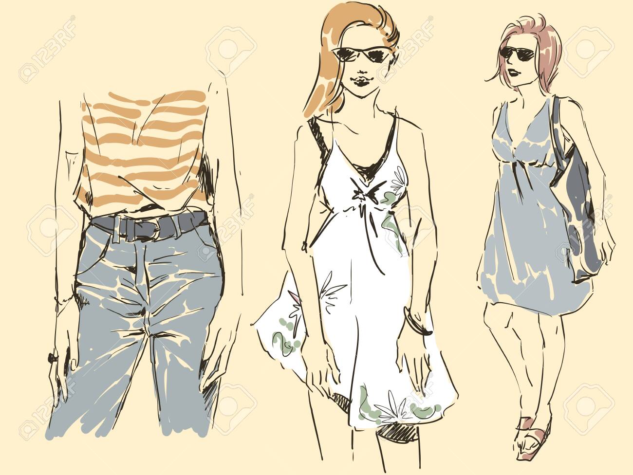 Set Of Sketches Of Beautiful Slim Elegant Women In Fashion Summer