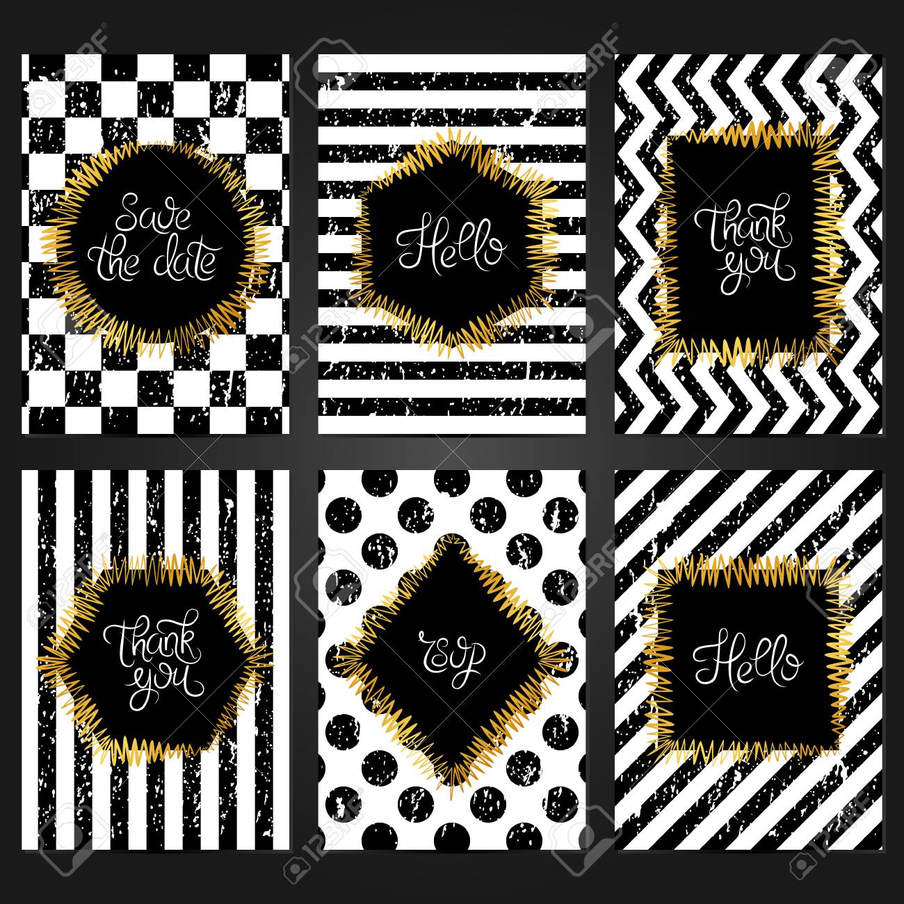 Coleccion De Plantillas De Tarjetas Vintage En Colores Blanco Y Negro Y Con Un Marco Dorado Para La Boda El Matrimonio Guardar Las Tarjetas De Fecha Invitaciones Saludos Diseno Retro Grunge Ilustraciones