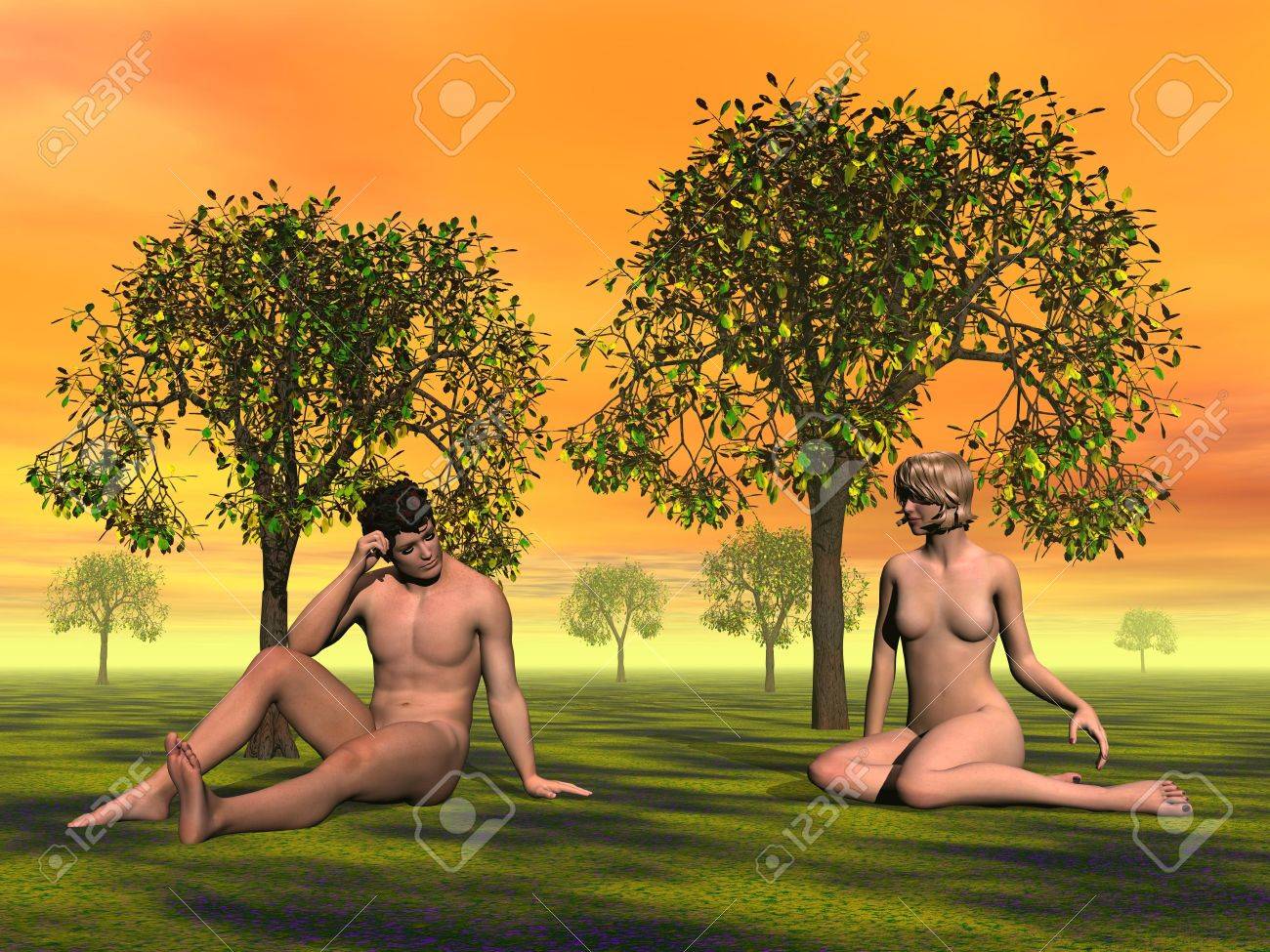 Adán Y Eva Desnudos Sentados En La Hierba En El Jardín De Edén Por Puesta  Del Sol Anaranjada Fotos, retratos, imágenes y fotografía de archivo libres  de derecho. Image 12619577