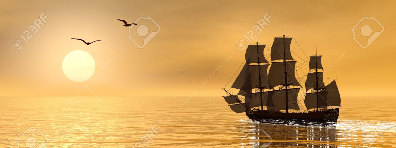 Beautiful detailed old merchant ship next to seagulls by sunset - 27869763 Beautiful detailed old merchant ship next to seagulls by sunset - 27869763