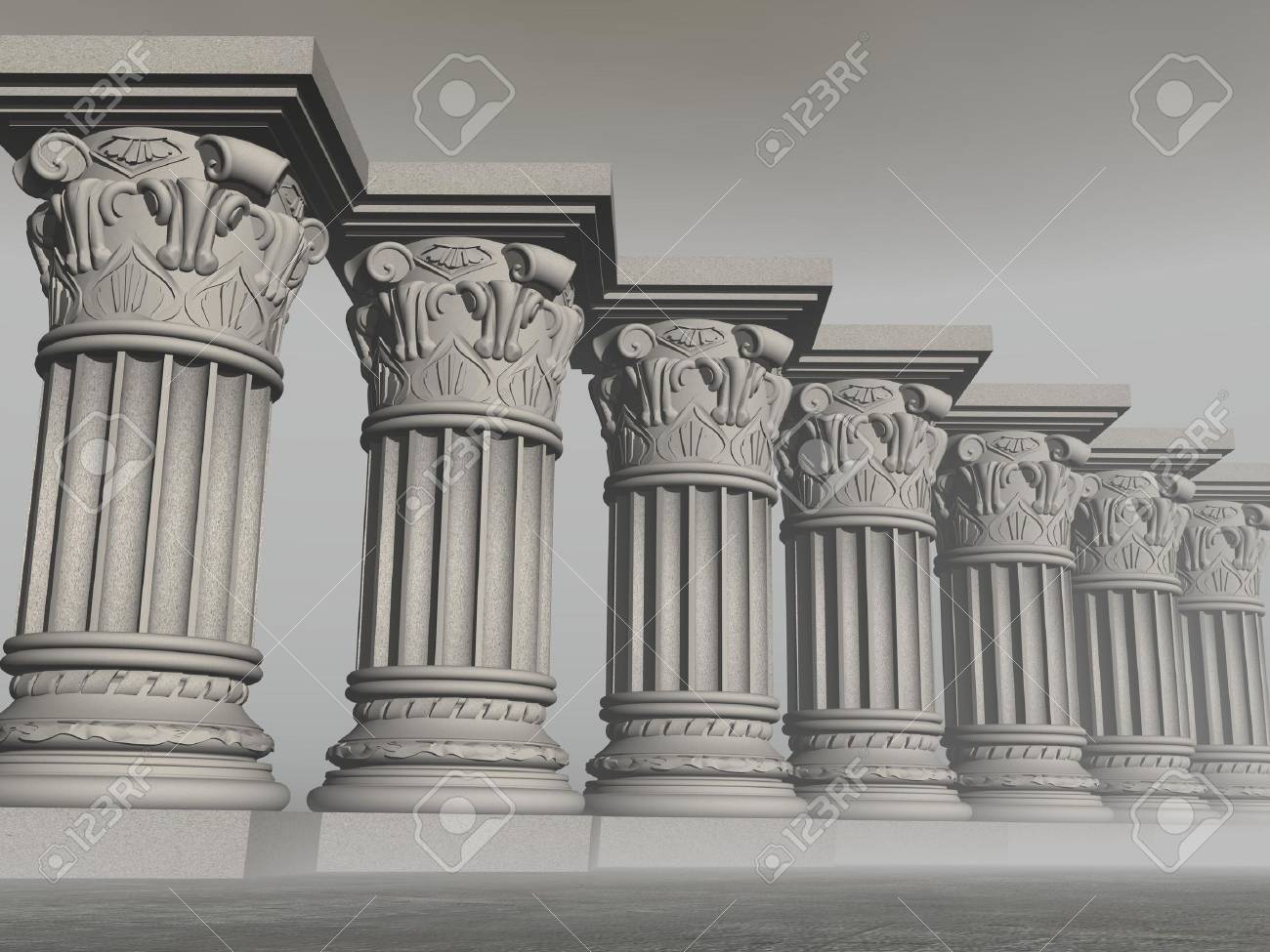 several stone columns or pillars in foggy grey background stone columns