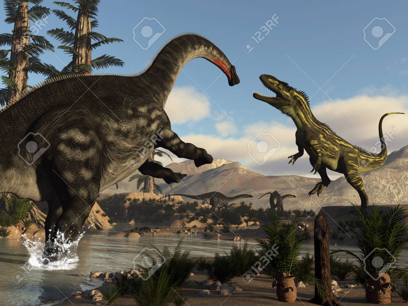 torvosaurus and apatosaurus dinosaurs fighting 3d render stock