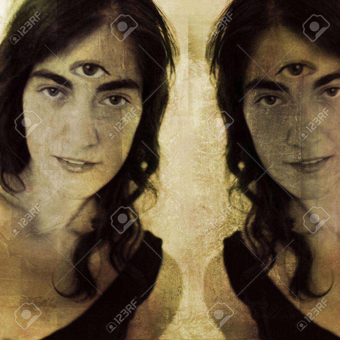 Woman with third eye and her reflection (or double). Photo based illustration. - 5161196 Woman with third eye and her reflection (or double). Photo based illustration. - 5161196