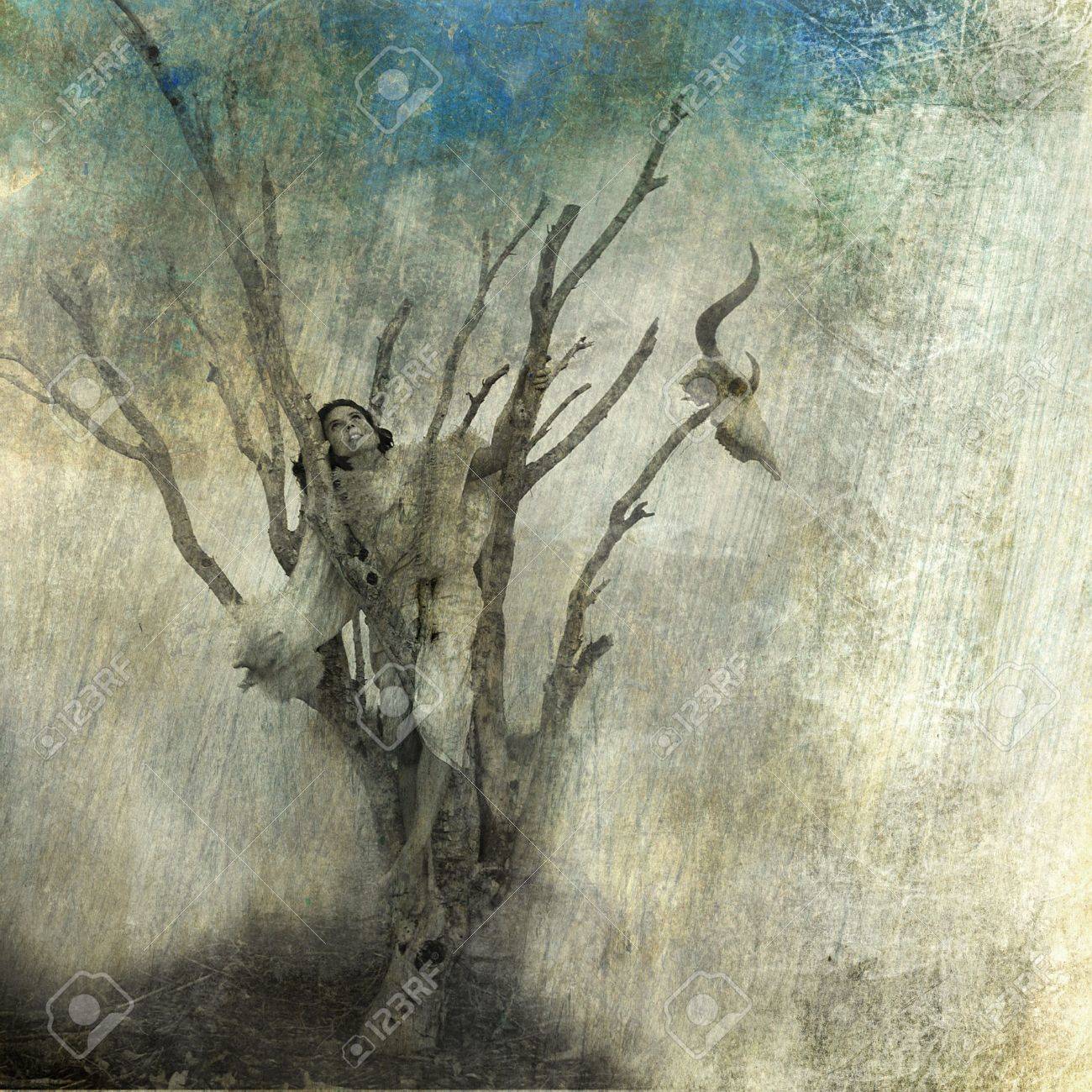 Woman in dead tree. Photo based mixed medium art. - 5161203 Woman in dead tree. Photo based mixed medium art. - 5161203