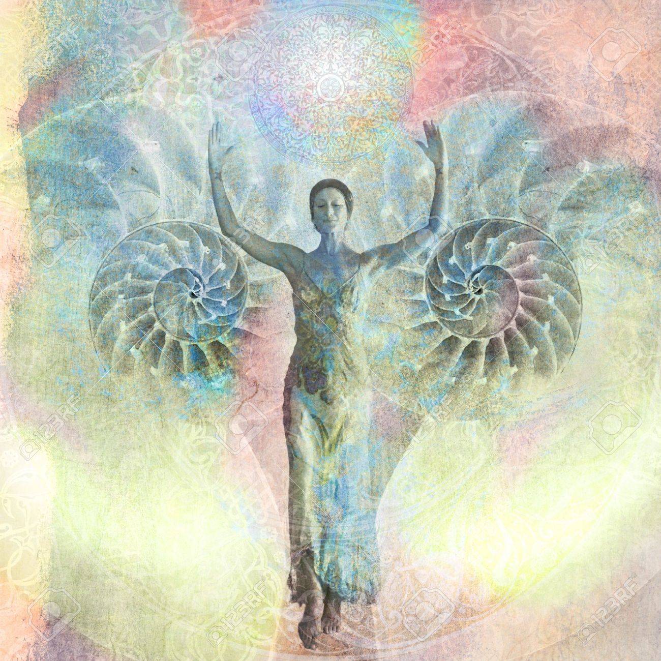 Woman with her arms raised walking from an open nautilus shell. Photo based illustration. - 5169125 Woman with her arms raised walking from an open nautilus shell. Photo based illustration. - 5169125