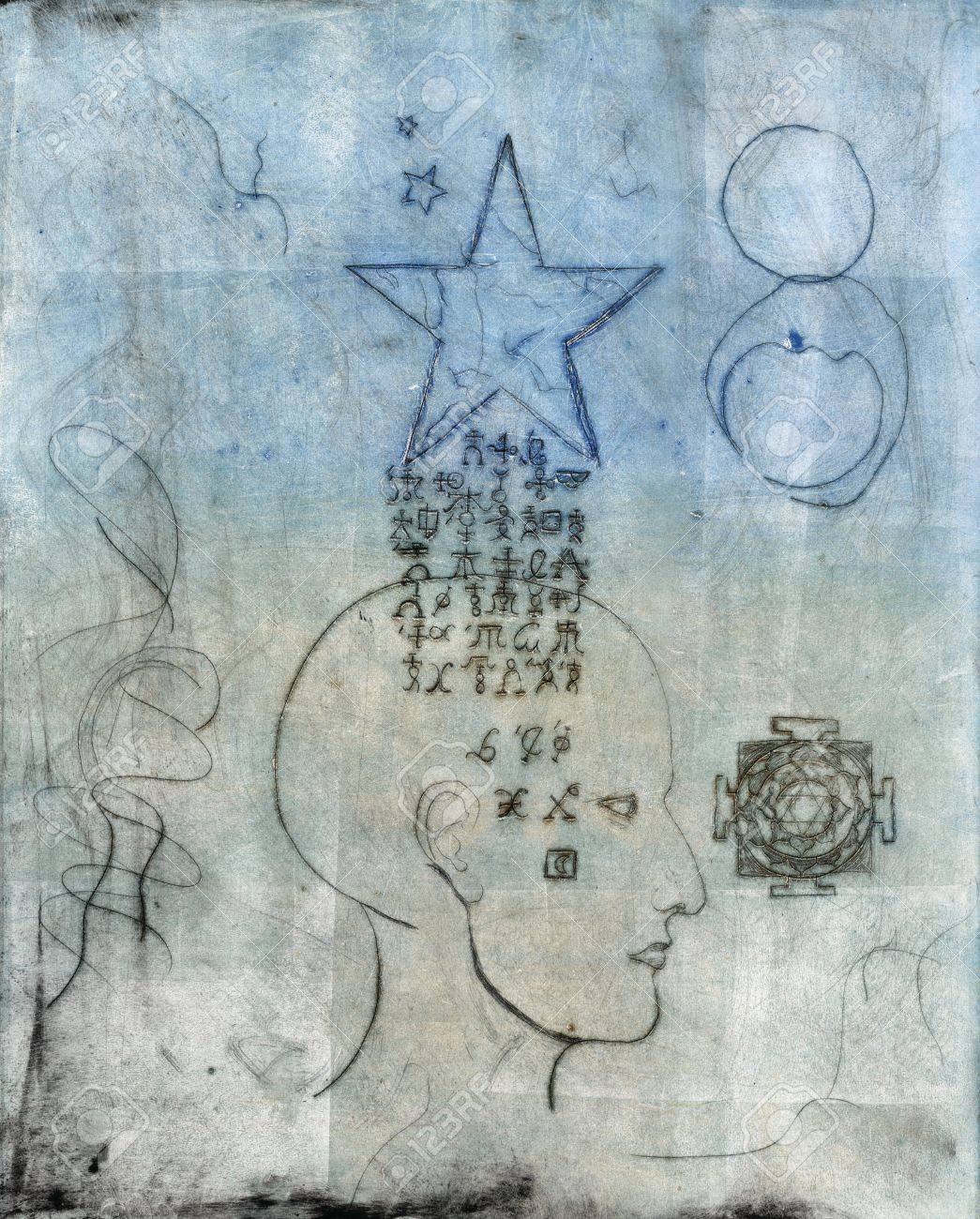 Monoprint of a human head with alchemical symbols coming through from a star. - 8216495 Monoprint of a human head with alchemical symbols coming through from a star. - 8216495
