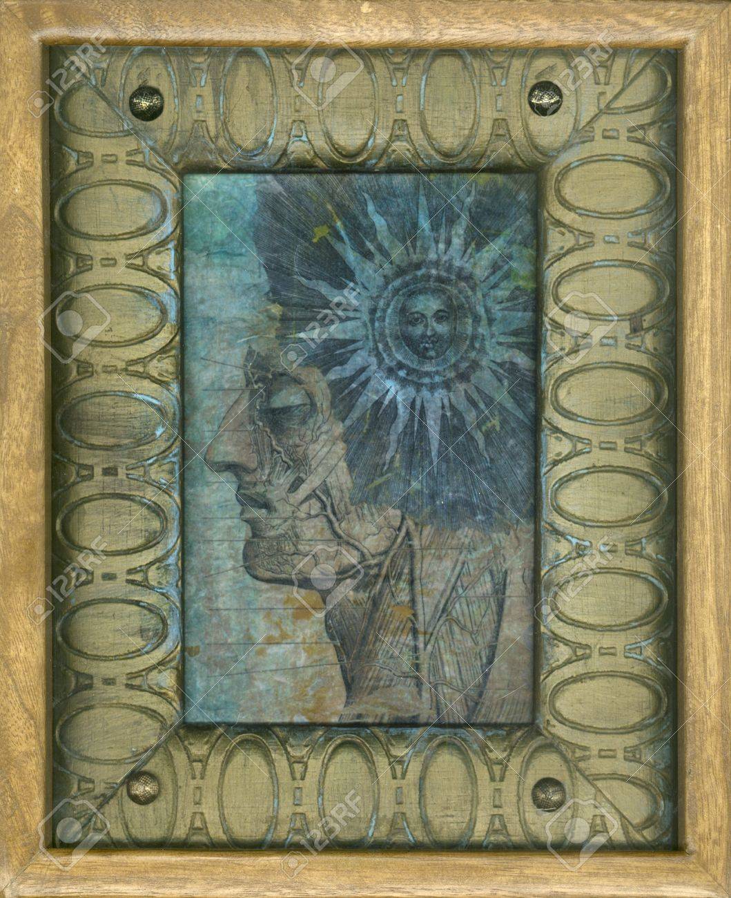 Ancient sun and anatomy gel medium transfers on kinwashi, in wood frames - 15512576 Ancient sun and anatomy gel medium transfers on kinwashi, in wood frames - 15512576