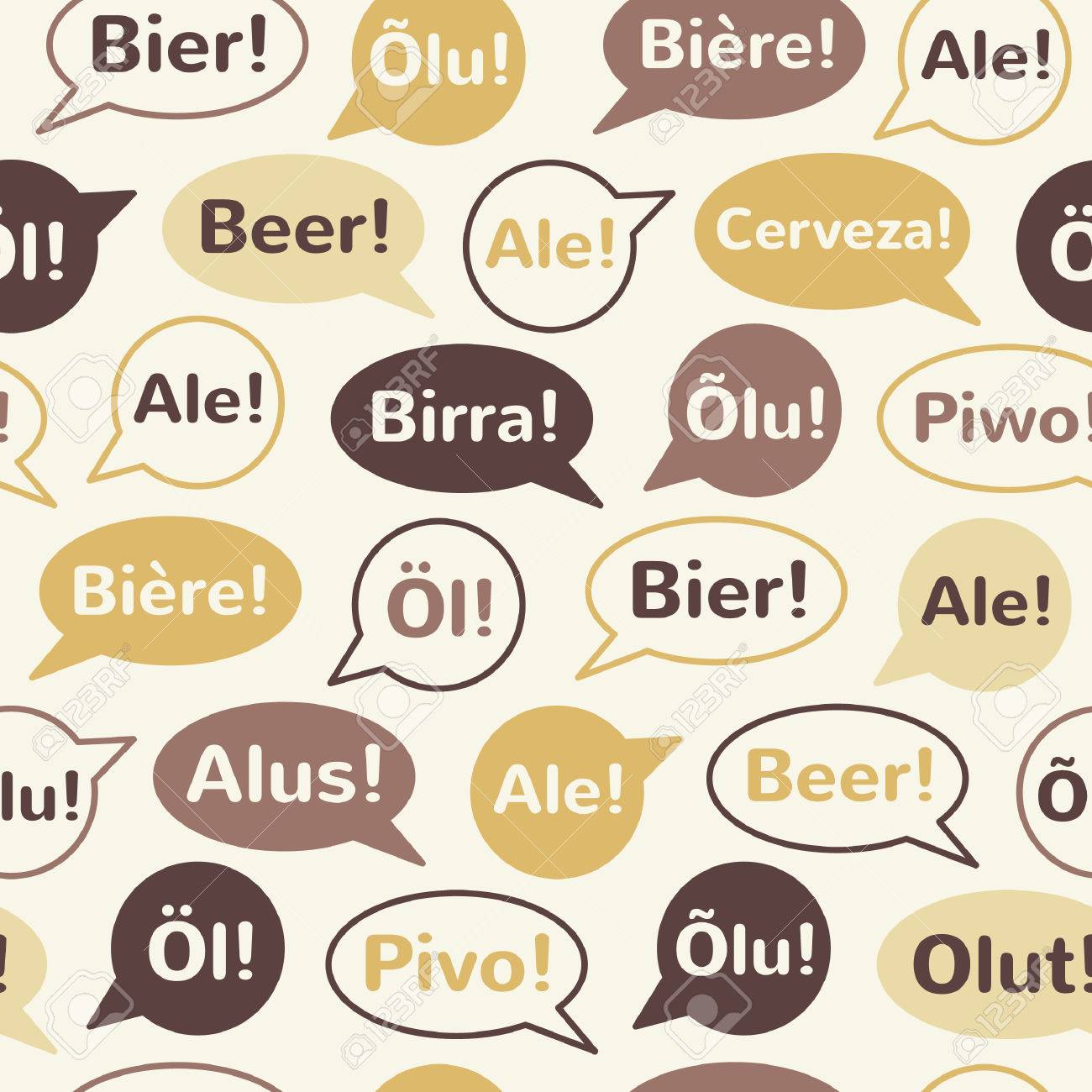 ビール シームレス パターン 別の言語の単語ビールからのスピーチの泡 英語 フランス語 ドイツ語 イタリア語 スペイン語 ポーランド語 フィンランド語 チェコ語 スウェーデン語等です フラットなデザイン のイラスト素材 ベクタ Image