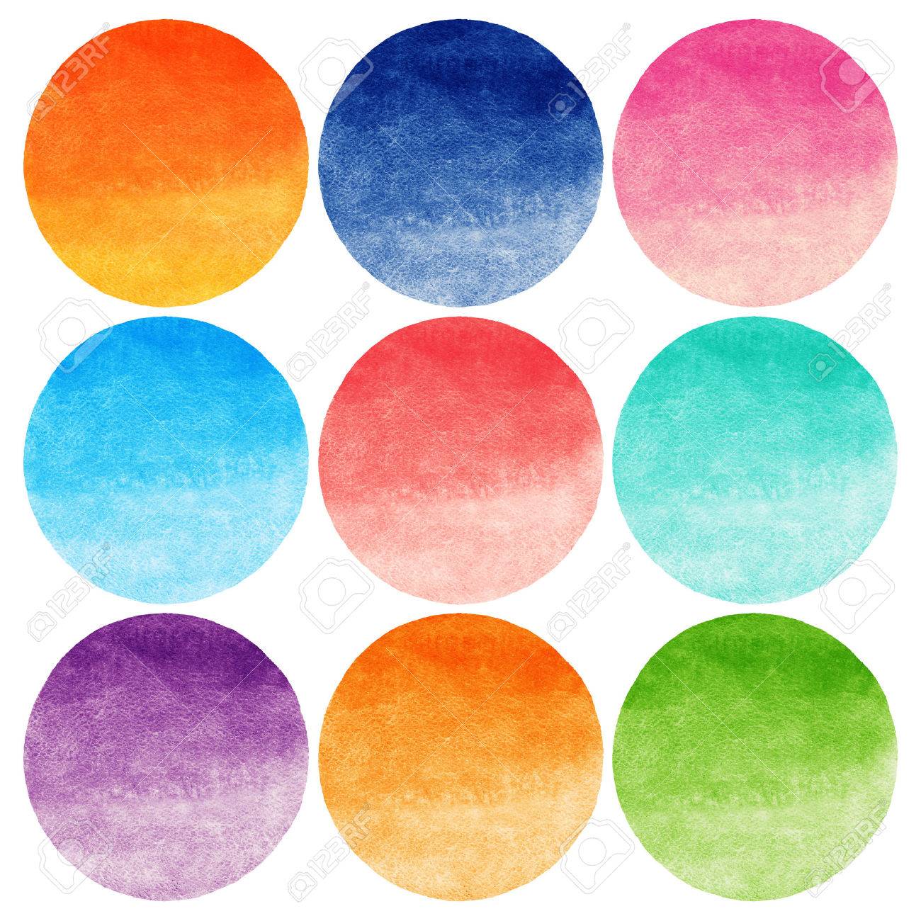 カラフルな水彩ベクトル グラデーション円白で隔離のセット 炎や日没の色 赤 オレンジ ブルー グリーン ライラック ピンクのグラデーション 丸いシルエット 大まかなエッジ の写真素材 画像素材 Image
