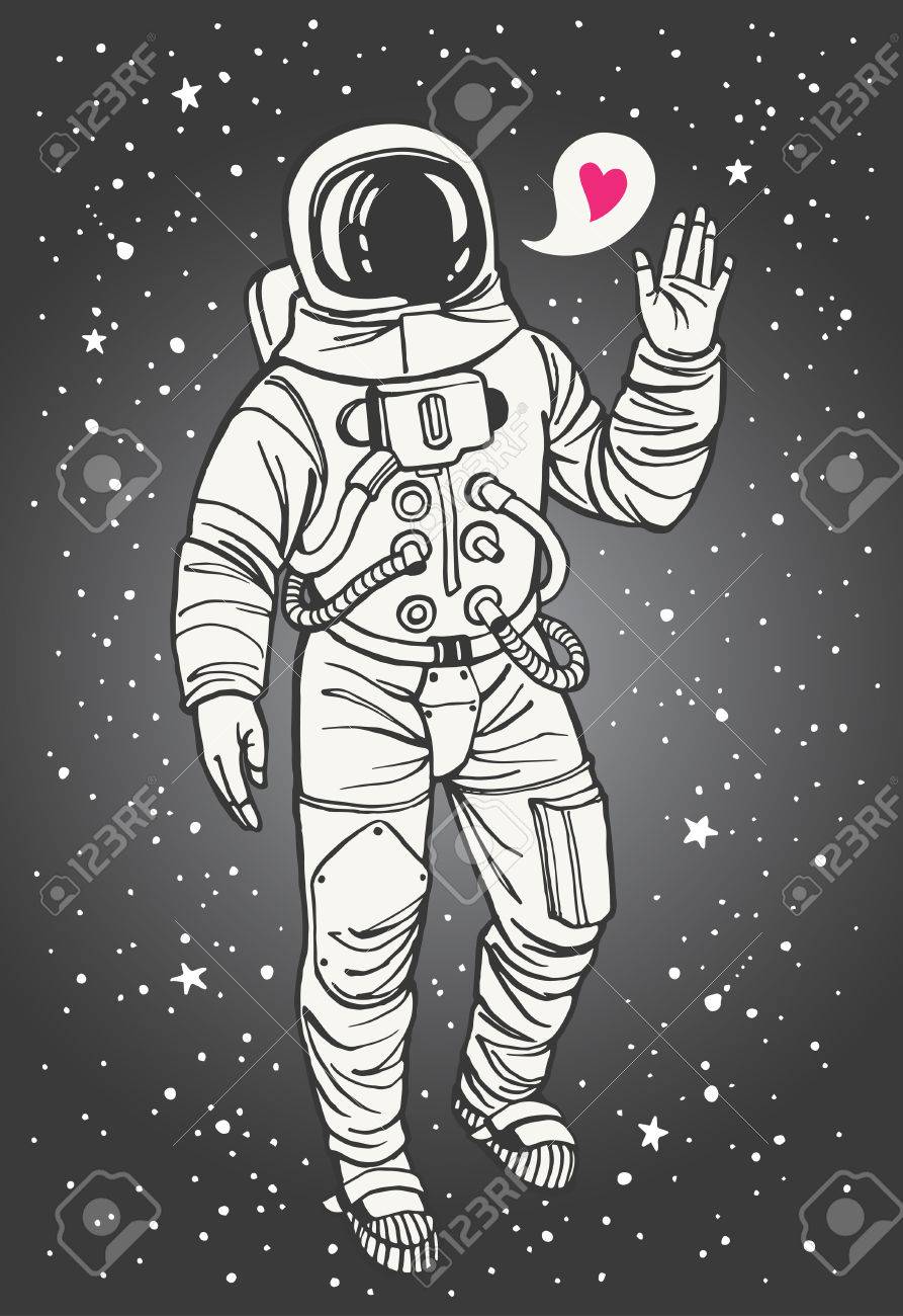 心で宇宙飛行士 バレンタインデーのイラスト 敬礼の挙手で宇宙飛行士 小さなピンクのハートと吹き出し 手には 宇宙服の図が描かれました のイラスト素材 ベクタ Image
