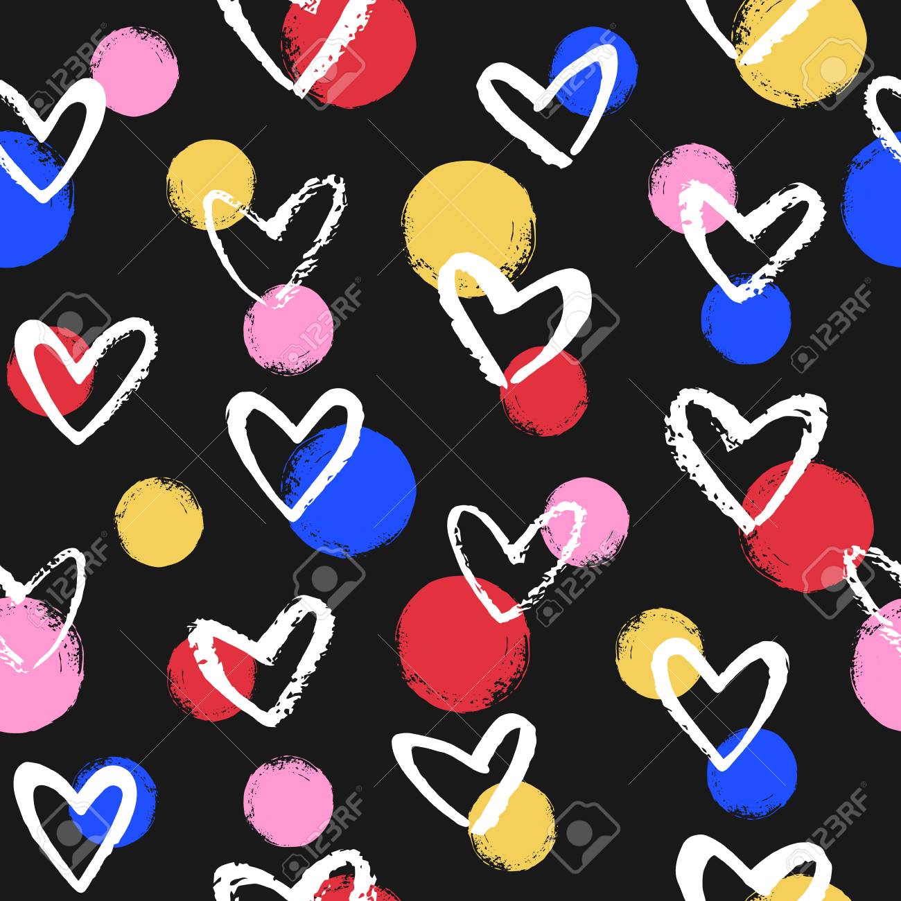 Brush Drawn Various Doodle Hearts Seamless Pattern Pop Art