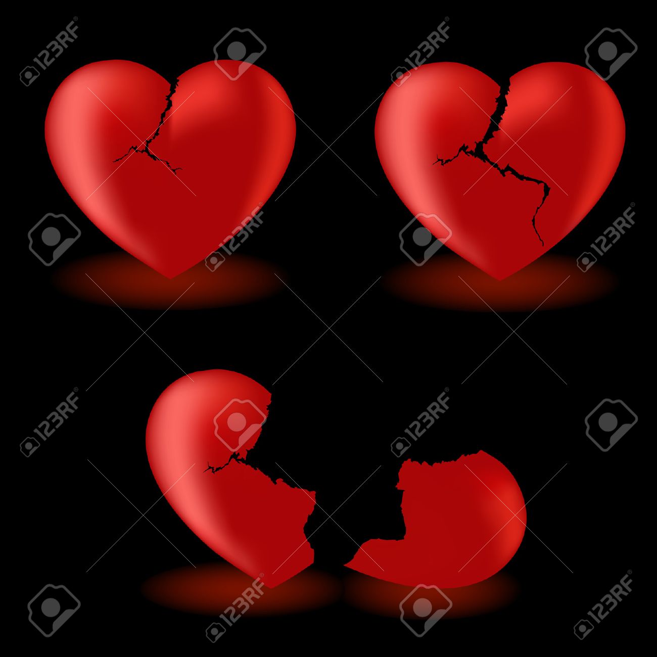 Conjunto De Corazon Roto Sobre Fondo Negro Ilustraciones
