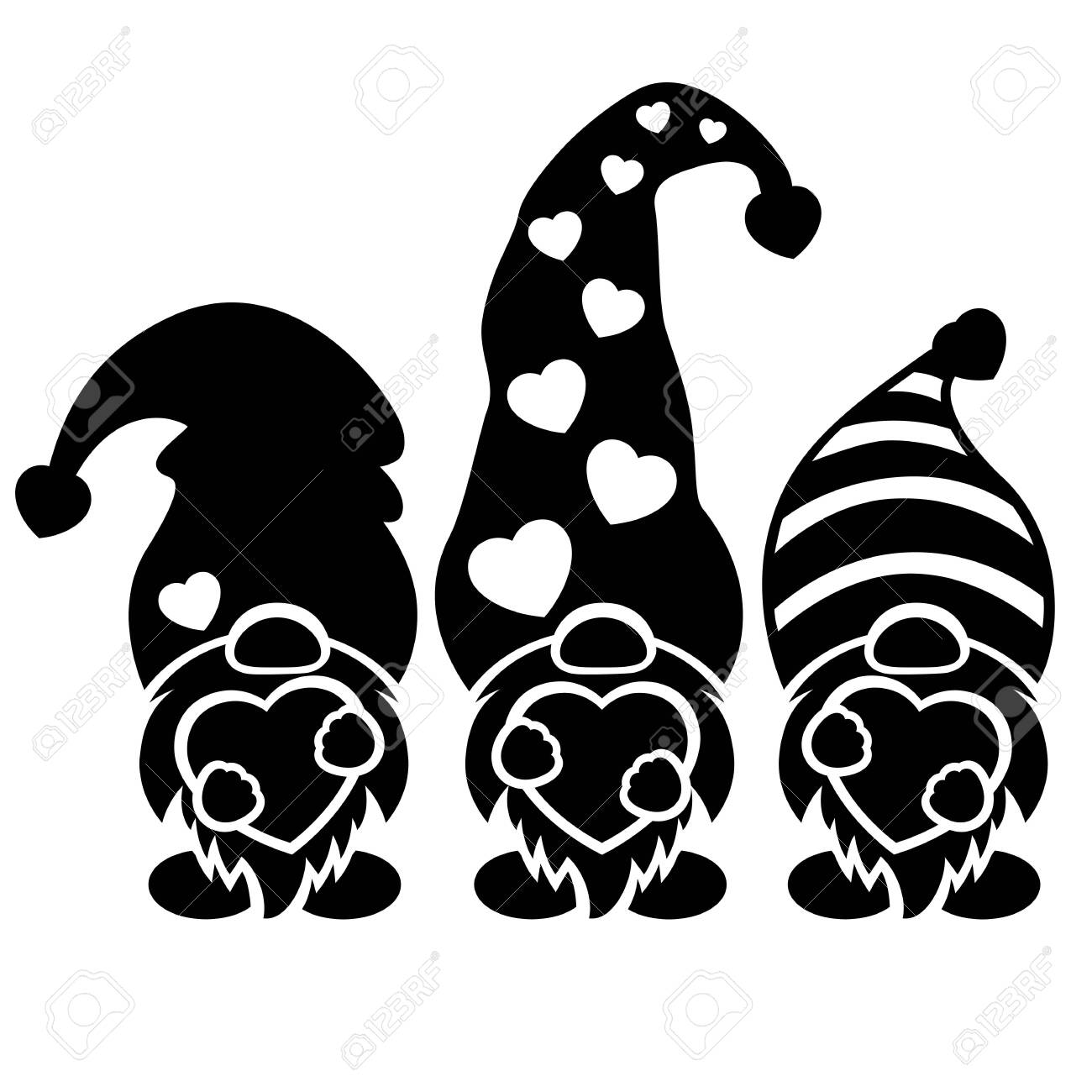 Download Three Gnomes Holding Hearts In Their Hands Valentine S Day Black And White Royalty Free Cliparts Vectors And Stock Illustration Image 143409988