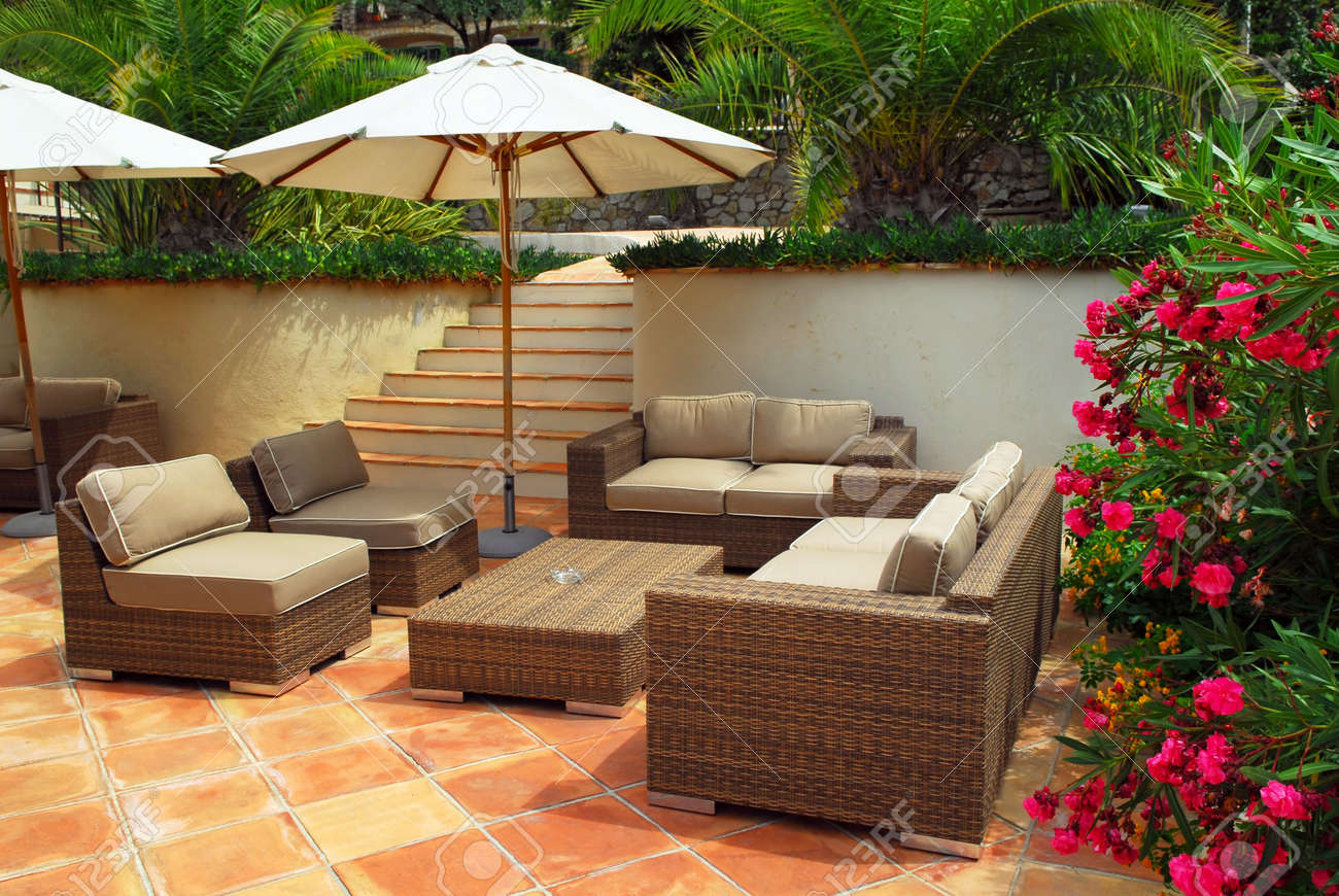 Patio Of Mediterranean Villa In French Riviera With Wicker Patio Of Mediterranean Villa In French Riviera With Wicker