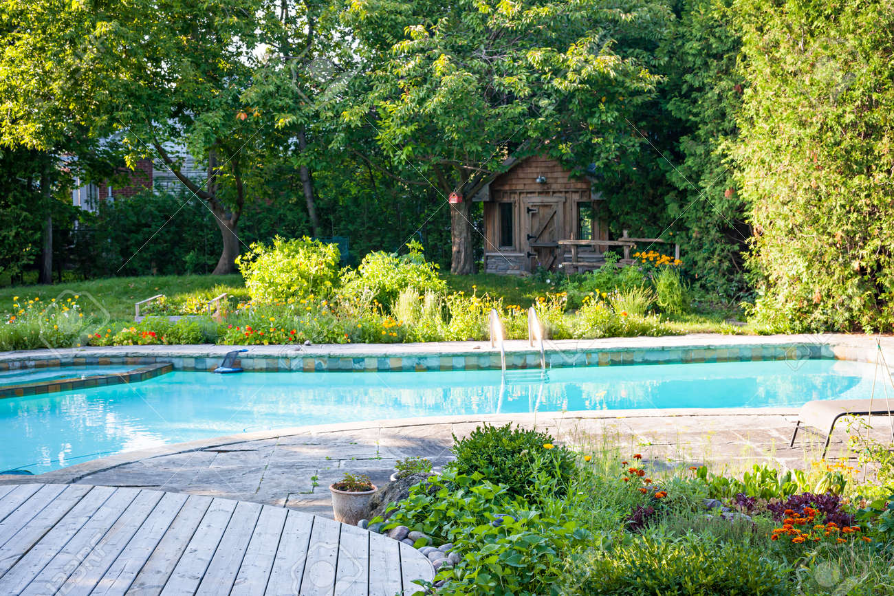 Backyard with garden, shed, outdoor inground residential swimming pool, curved wooden deck and stone patio - 34154490 Backyard with garden, shed, outdoor inground residential swimming pool, curved wooden deck and stone patio - 34154490