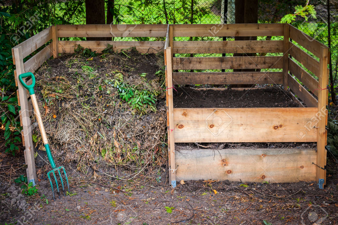 Large cedar wood compost boxes with composted soil and yard waste for backyard composting - 35887450 Large cedar wood compost boxes with composted soil and yard waste for backyard composting - 35887450