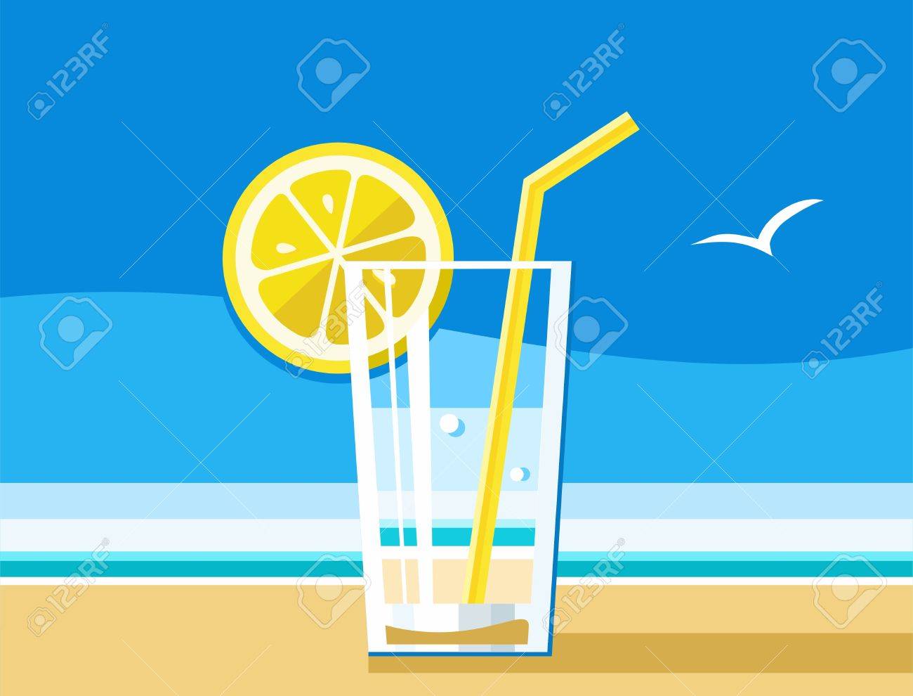レモン さわやかなドリンク 海 夏 カラー イラストと水します 水 レモン わらのガラス 夏の暑さで爽やか なドリンク ビーチ 青い空 海 黄色い砂の海岸 色のイラストです のイラスト素材 ベクタ Image