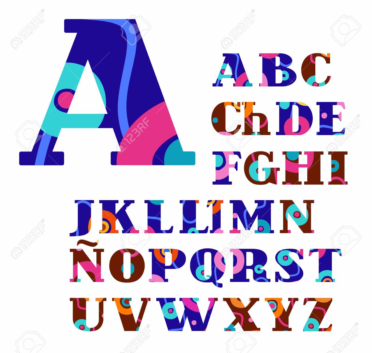 spanish alphabet abstract circles colorful vector font blue letters in circles
