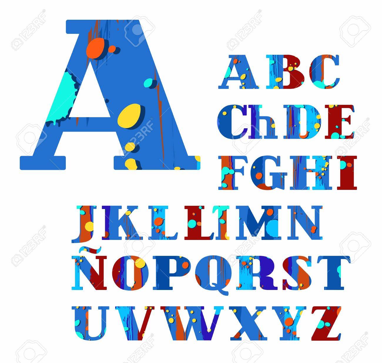 スペイン語のアルファベット スポットやストライプ ベクター フォント 色 ブルー ブラウン 青 茶色のストライプとスペイン語のアルファベットと黄色と青の斑点の大文字します セリフ付きの手紙 のイラスト素材 ベクタ Image