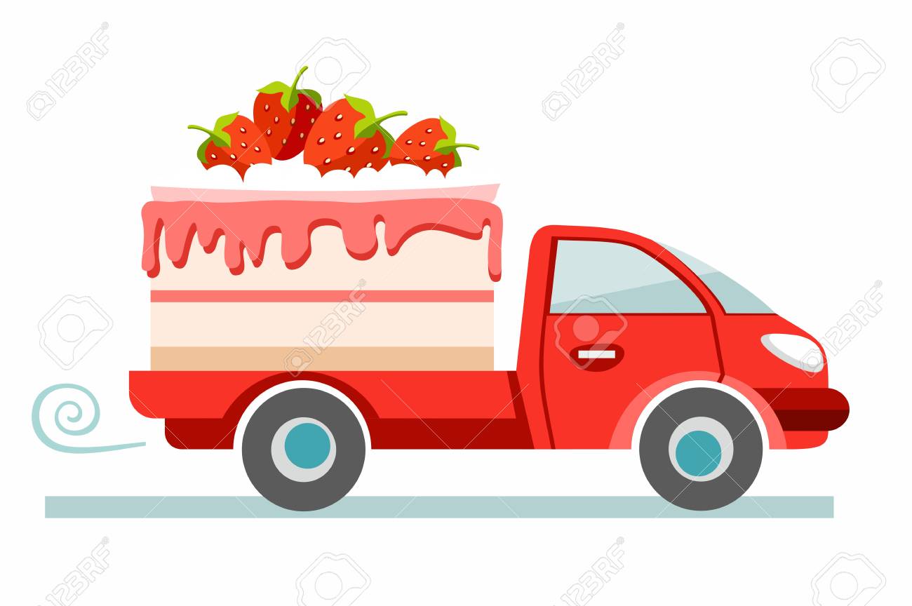 Gateaux Livraison Photo En Couleur La Voiture Rouge Porte Le Gateau Aux Fraises Production Et Livraison De Gateaux Illustration De Plat Couleur Sur Fond Blanc Vecteur Clip Art Libres De Droits