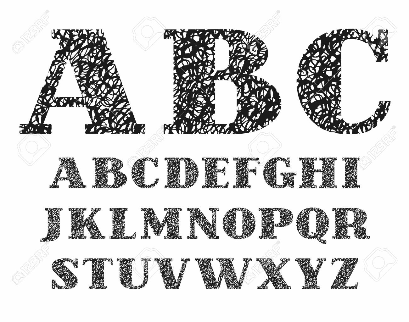 英語のアルファベット テクスチャ 落書き 模倣 ベクトル セリフ フォント 白地に黒い文字を大文字 のイラスト素材 ベクタ Image