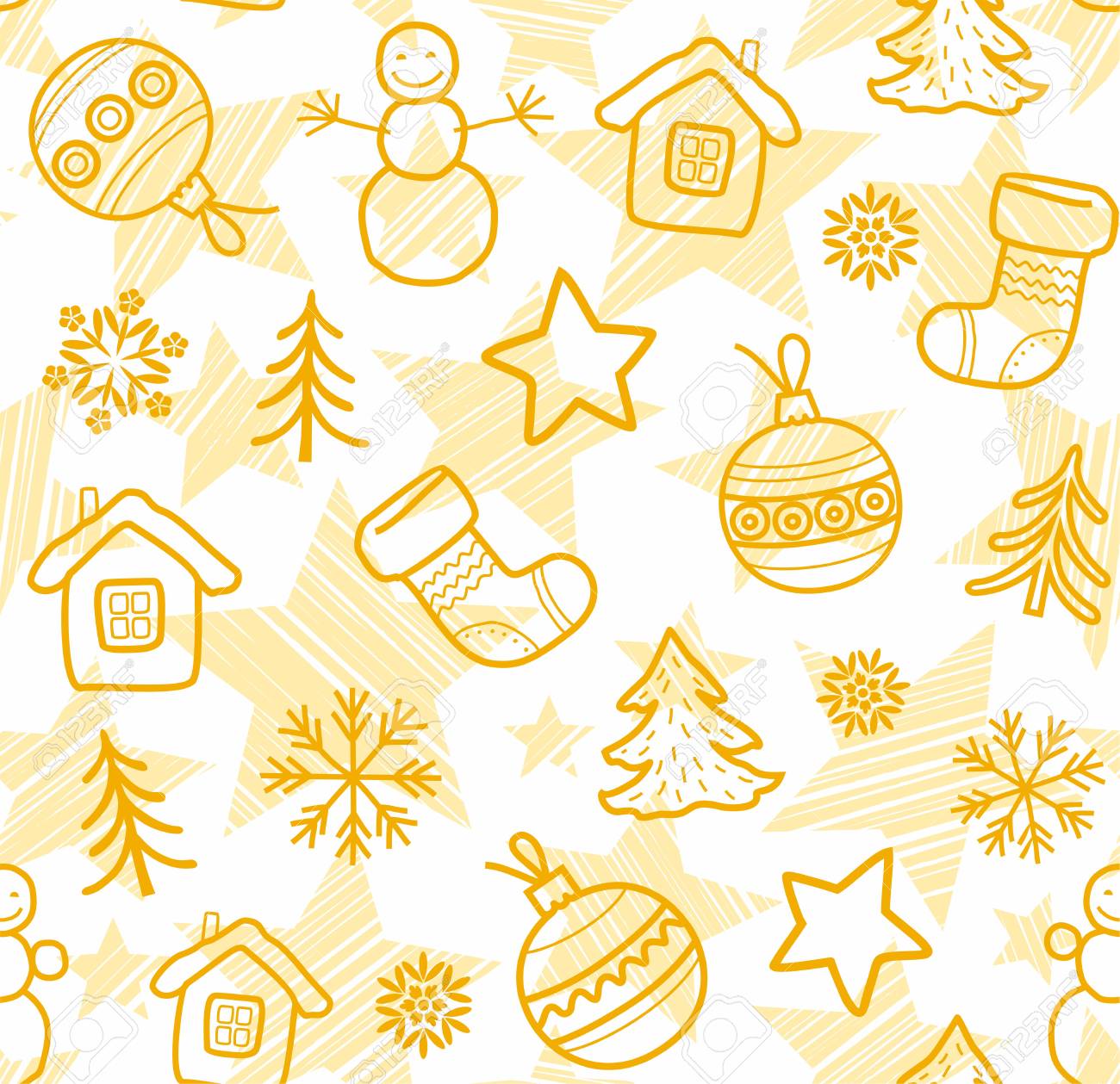 christmas white background yellow outline drawings seamless