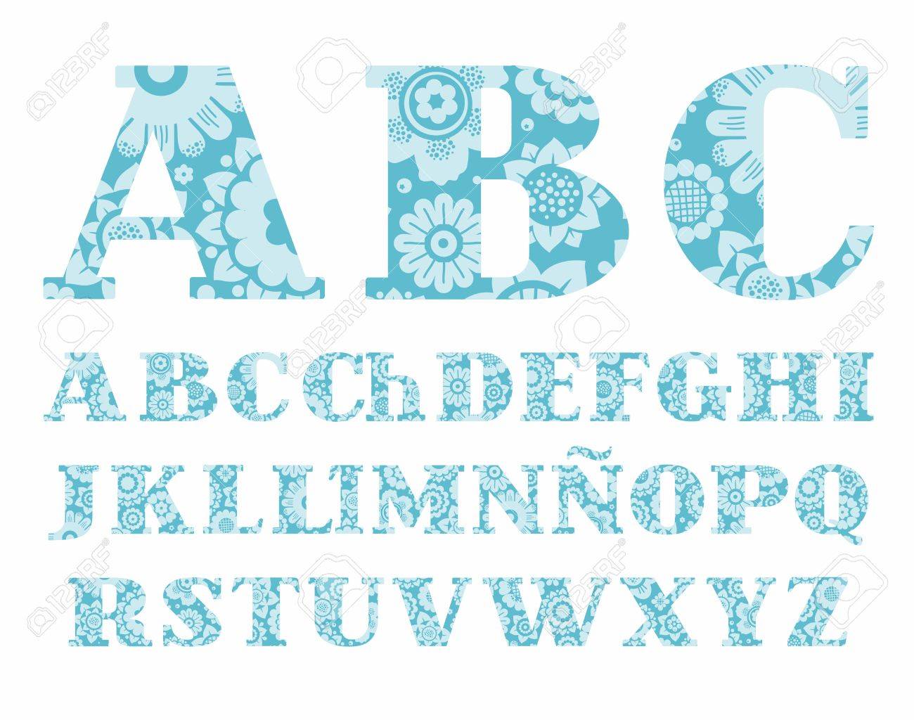 El Alfabeto Español Colores Decorativo Azul Vector Letras Mayúsculas Del Alfabeto Español Con Serif Luz Azul Flores Decorativas Sobre Un Fondo