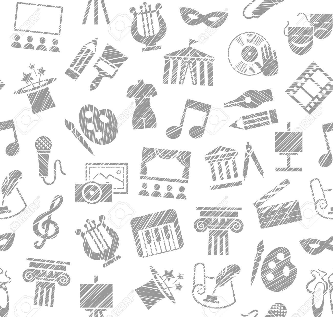 문화 및 예술, 원활한 패턴, 음영 연필, 흰색, 벡터. 레저 및 문화 활동. 문화 행사와 예술의 특성. 흰색 필드에 회색  아이콘입니다. 하얀 연필로 부화. 텍스처 시뮬레이션. 벡터 그림입니다. 로열티 무료 사진, 그림,
