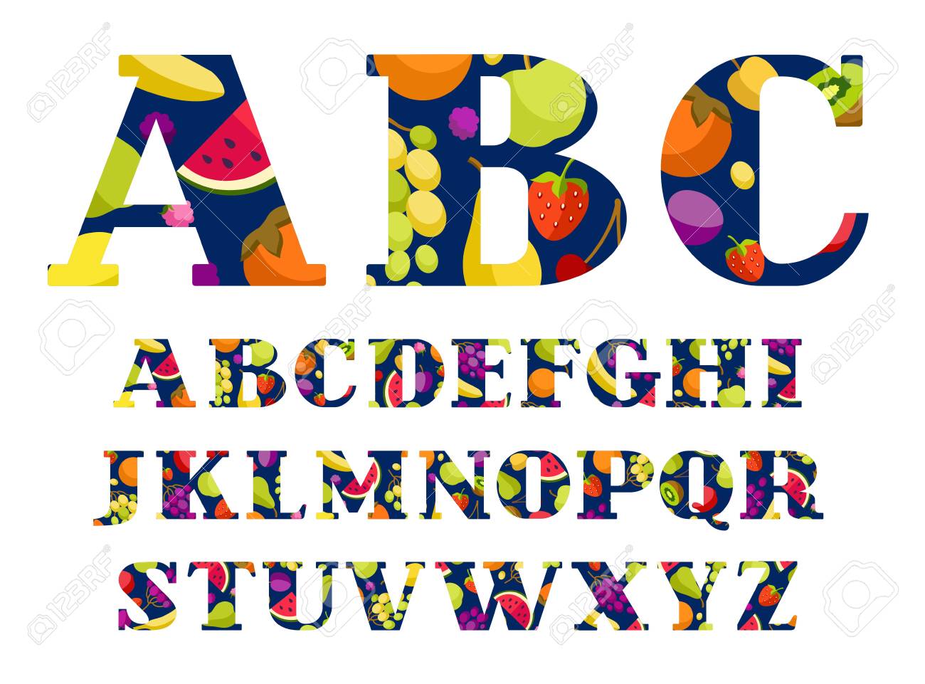 英語フォント 果物やベリー 色 ベクトル 英語のアルファベットの大文字 青い背景に熟した果物やベリー セリフ付きのカラーフォント ベクター クリップ アート のイラスト素材 ベクタ Image