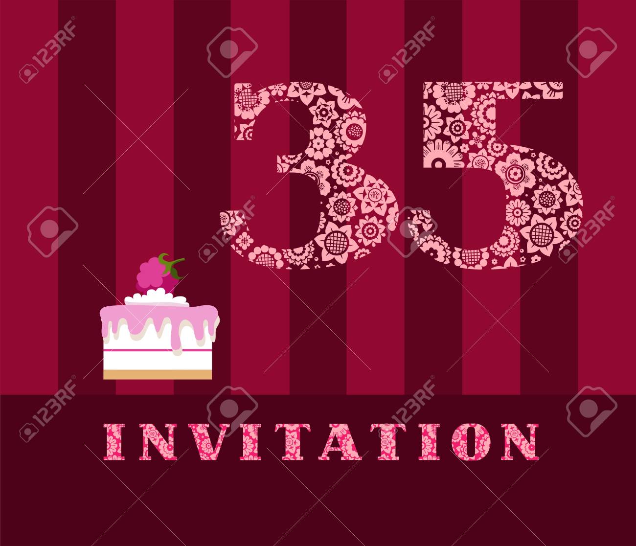 Vettoriale L Invito Per 35 Anni Torta Con Lamponi Vettoriale Inglese L Invito Alla Festa Di Compleanno Anniversario Di Matrimonio Cartella Colori Torta Di Frutti Di Bosco Con Lamponi Su Un Campo A