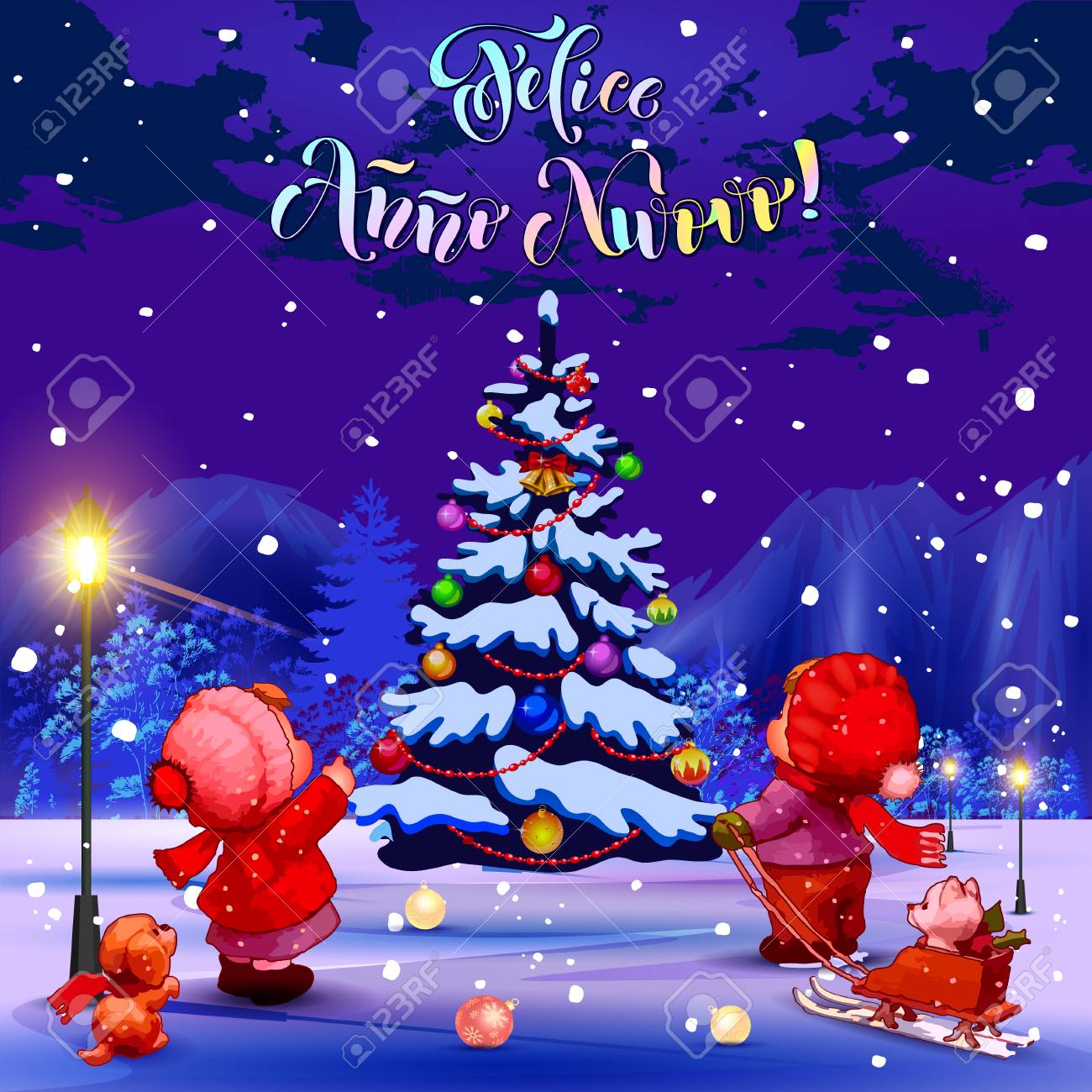 明けましておめでとう フェリーチェ安野ヌオヴォ イタリア語でお祝いの言葉 イラスト クリスマス ツリーを見て公園の子どもたち 紫色の背景 のイラスト素材 ベクタ Image