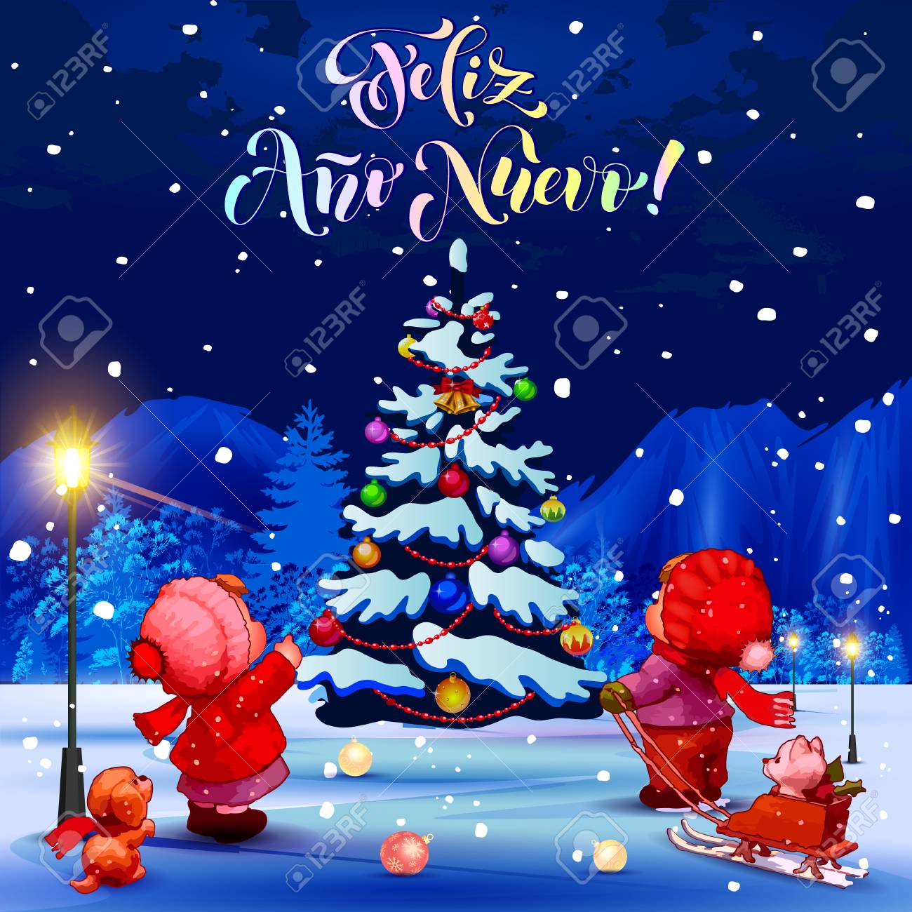 明けましておめでとう スペイン語でお祝いの言葉 イラスト クリスマス ツリーを見て公園の子どもたち 青色の背景色 のイラスト素材 ベクタ Image 明けましておめでとう スペイン語でお祝いの言葉 イラスト クリスマス ツリーを見て公園の子どもたち 青色の背景色 のイラスト素材 ベクタ Image