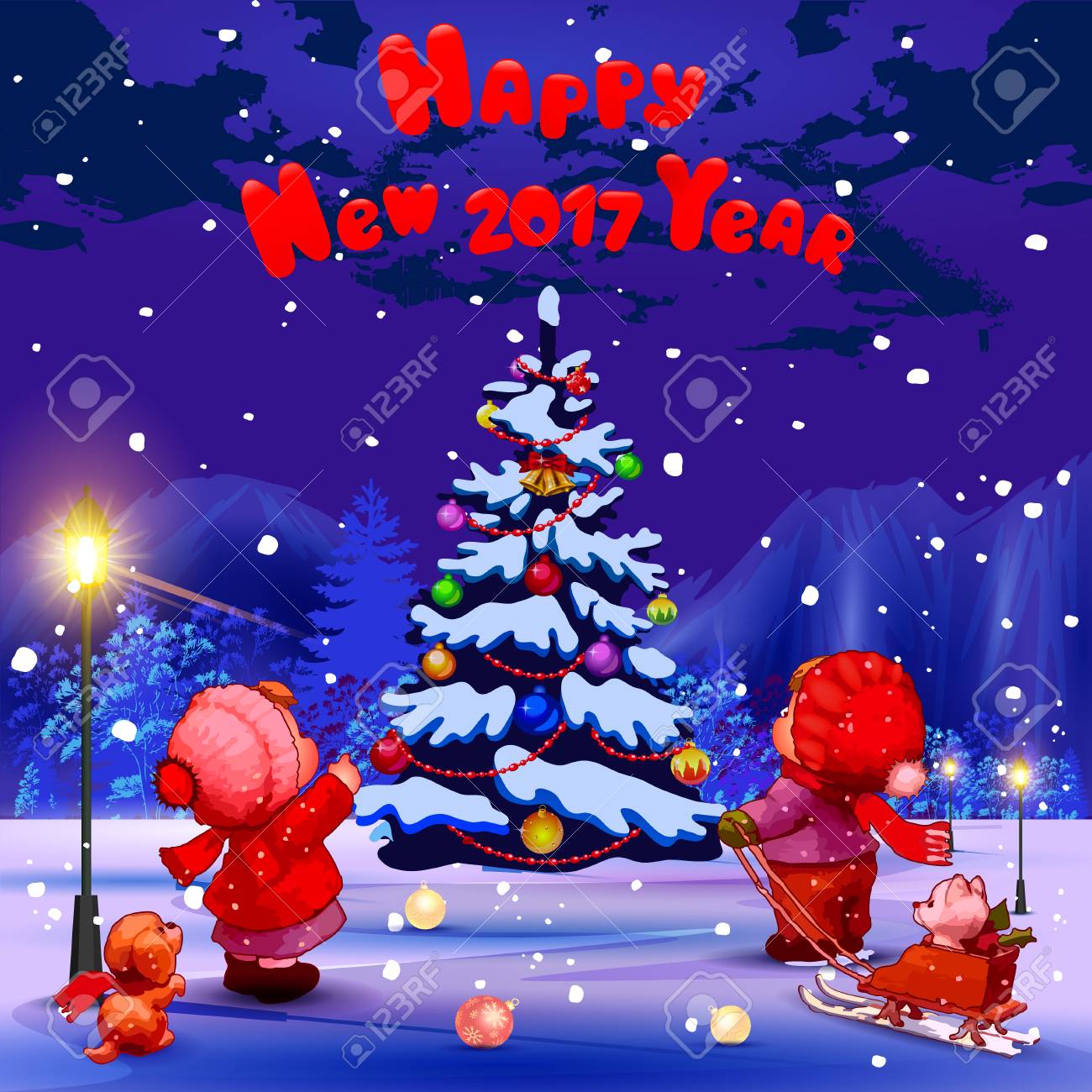 Frohes Neues Jahr Gluckwunsch Auf Englisch Illustration Lustige Kinder Nahe Einem Weihnachtsbaum Im Park Lila Hintergrund Lizenzfrei Nutzbare Vektorgrafiken Clip Arts Illustrationen Image