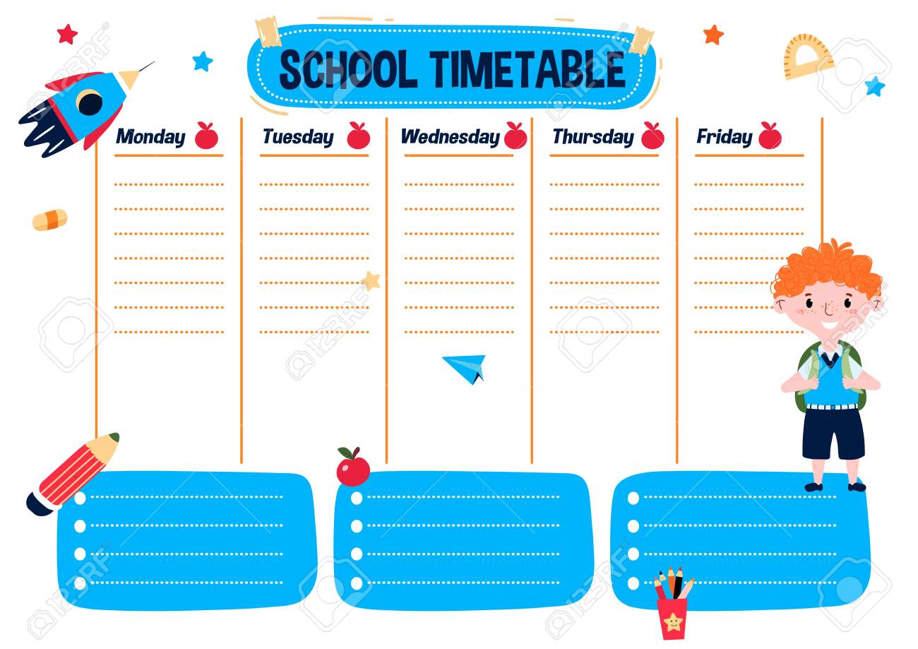 School Timetable In English With Day Of Week Cartoon Schedule Royalty Free Cliparts Vectors And Stock Illustration Image 153188577 school timetable in english with day of week cartoon schedule