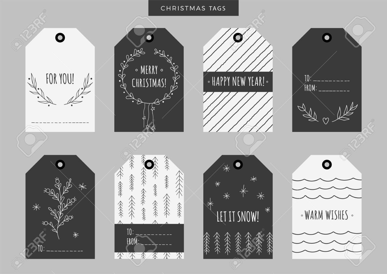 黒のクリスマスと新年休暇のプレゼントのタグ 手描きの要素を使用してラベルのセットです ベクトル印刷用イラスト 植物 ギフト 木 雪の結晶 リース ガーランドと鹿のそっくりさん犬にいたずら書き のイラスト素材 ベクタ Image