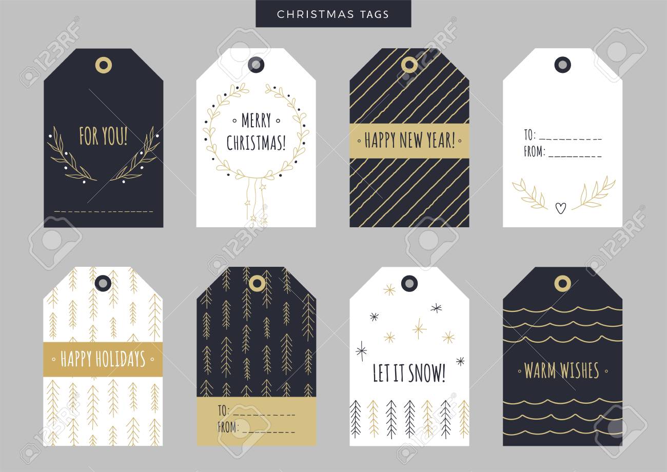 set of gold christmas and new year holiday gift tags labels