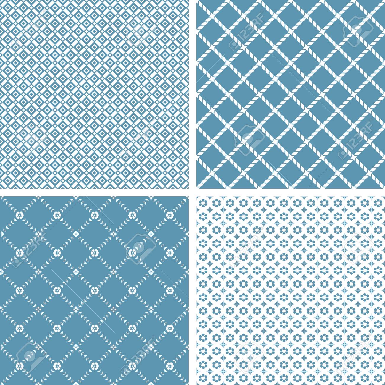 スタイリッシュでシンプルな柄の4種セット シームレスなベクトルの背景 白と青のテクスチャ のイラスト素材 ベクタ Image